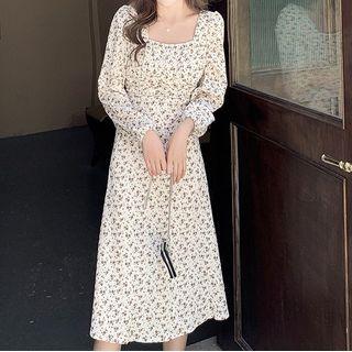 Long-sleeve Square Neck Floral Chiffon Dress