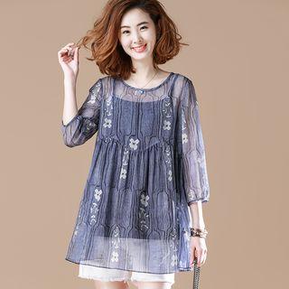 Set: Floral Print 3/4-sleeve Chiffon Blouse + Camisole