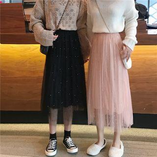 Beaded Mesh Pleated Skirt