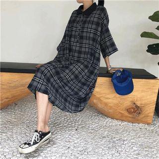 Plaid Elbow Sleeve Midi Shirt Dress