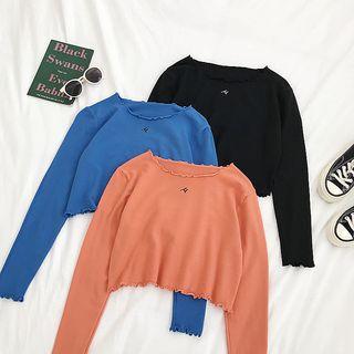 Embroidered Long-sleeve Ruffle-trim Crop T-shirt