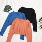 Embroidered Long-sleeve Ruffle-trim Crop T-shirt