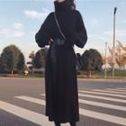 Turtleneck Long-sleeve Midi Knit Dress / Belt / Set