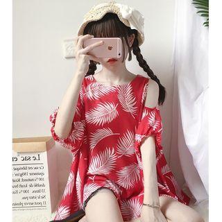Leaf Print Elbow-sleeve Cold-shoulder Blouse