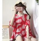 Leaf Print Elbow-sleeve Cold-shoulder Blouse