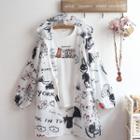 Zip-up Cartoon Print Hooded Jacket / Short-sleeve Cat Embroidered T-shirt / Set