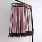 Lace Paneled Velvet A-line Midi Pleated Skirt