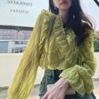 Long-sleeve V-neck Ruffle Blouse Green - One Size