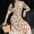 Short-sleeve Wide-collar Floral Print Midi A-line Dress