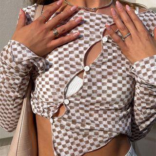 Long-sleeve Checkered Cut-out T-shirt