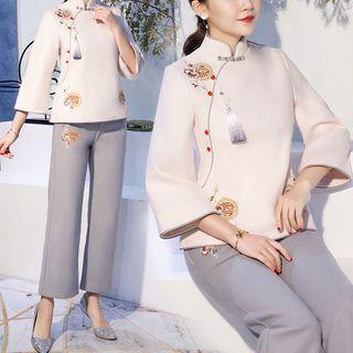 Tassel Detail Long-sleeve Qipao Top / Cropped Pants