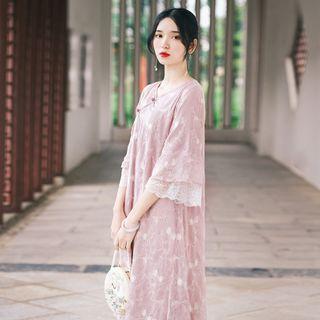 Elbow-sleeve Midi Hanfu Dress Pink - One Size