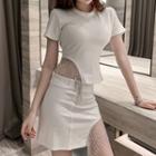 Set: Rhinestone Fringed Short-sleeve Top + Mini Skirt