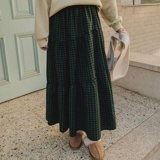 Napped Checked Maxi Tiered Skirt
