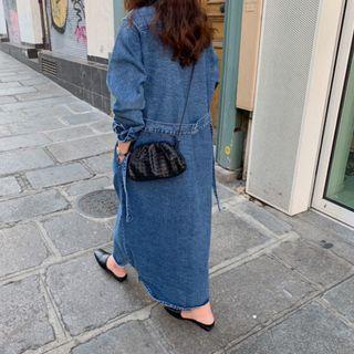 Long-sleeve Loose-fit Denim Shirtdress Blue - One Size