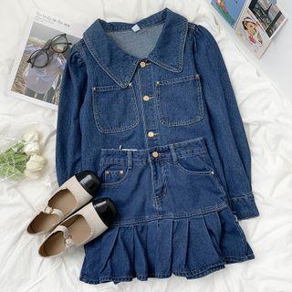 Long-sleeve Denim Jacket / Ruffle Trim Mini Skirt