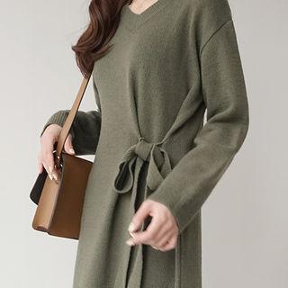 Wool Blend Tie-waist V-neck Knit Dress