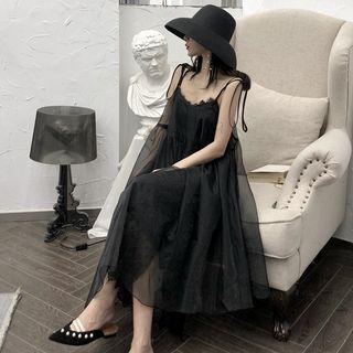 Set: Spaghetti Strap Midi Dress Black - One Size