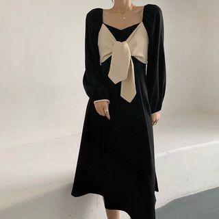 Long-sleeve Two-tone Panel Midi A-line Dress