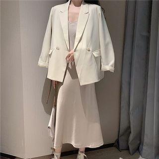 V-neck Midi Spaghetti Strap Dress / Plain Blazer