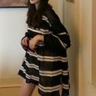 Striped Long-sleeve Sheer Knit Top White Stripes - Black - One Size