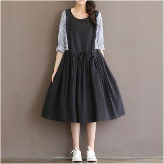 Long-sleeve Striped Panel A-line Midi Dress