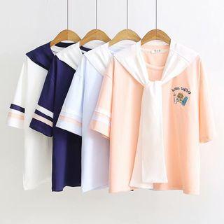 Elbow-sleeve Scarfed Embroidered T-shirt