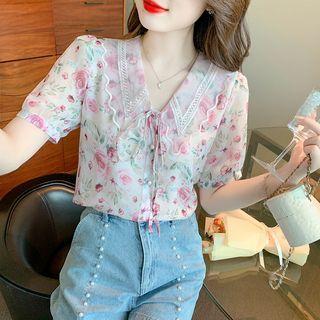 Short-sleeve Collar Floral Blouse