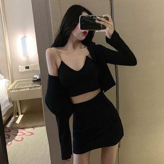 Set: Chain Strap Cropped Camisole Top + Cardigan + Mini Pencil Skirt