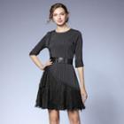Lace Panel Striped Elbow-sleeve A-line Dress