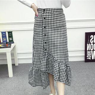 Asymmetric Hem Midi Plaid Skirt Black - One Size
