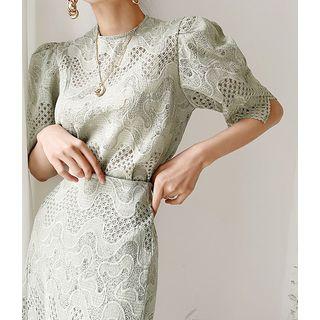 Set: Puff-sleeve Lace Top + Maxi Skirt