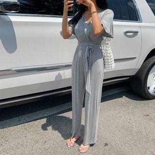 Bell-sleeve Silky Wide-leg Jumpsuit