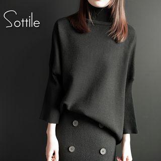 Mock-turtleneck Dolman-sleeve Plain Knit Sweater