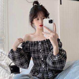 Long-sleeve Off-shoulder Plaid Shirred Blouse