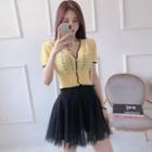 Short-sleeve Pointelle-knit Cropped Cardigan
