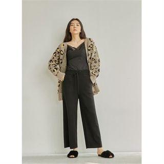Drawstring-waist Wide-leg Pants Black - One Size