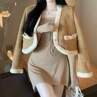 Contrast Trim Cropped Jacket / Knit Mini A-line Dress