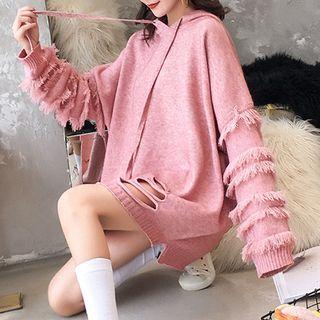 Fringed Cut-out Hooded Chunky Sweater