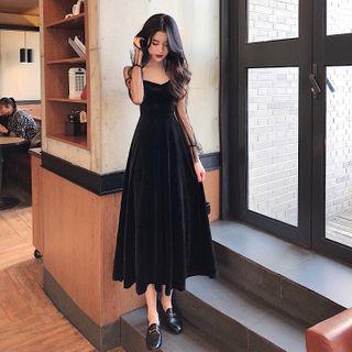 Long-sleeve Mesh Midi Velvet A-line Dress