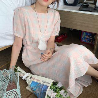 Short Sleeve Square Neck Plaid Fitted Dress