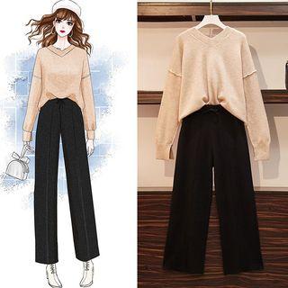 V-neck Sweater / Wide Leg Pants / Set