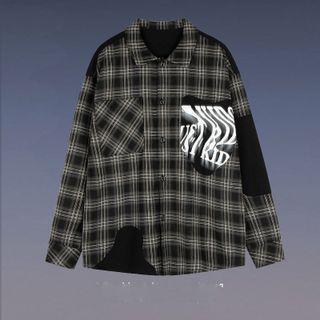 Asymmetrical Plaid Lettering Shirt