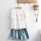 Embroidered Cat Short-sleeve T-shirt / Embroidered Scallop-hem Denim Shorts / Set: Embroidered Cat Short-sleeve T-shirt + Embroidered Scallop-hem Denim Shorts