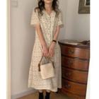 Short-sleeve Print A-line Midi Dress Almond - One Size