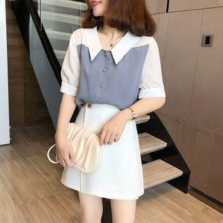 Set: Collared Elbow-sleeve Blouse + Mini A-line Skirt