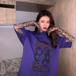 Short-sleeve Printed T-shirt / Long-sleeve Floral Mesh Top
