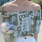Printed Off-shoulder Blouse / Sleeveless Drawstring Midi Dress