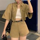 Denim Shorts / Short-sleeve Pocket Detail Crop Shirt