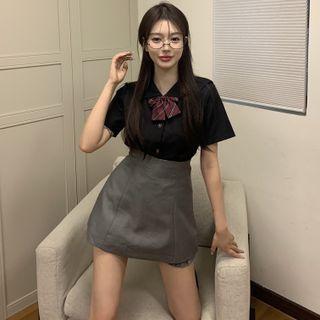 Short-sleeve Shirt / Mini A-line Skort / Plaid Bowtie